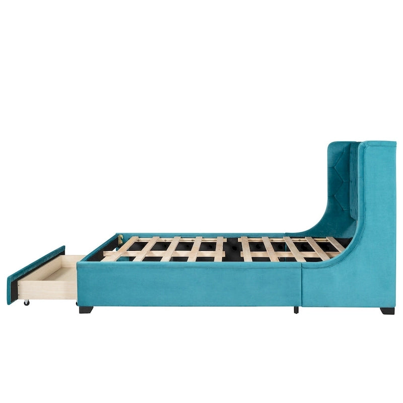 Queen Size Upholstered Platform Bed with Wingback Headboard and a Big Drawer