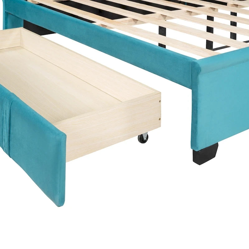 Queen Size Upholstered Platform Bed with Wingback Headboard and a Big Drawer