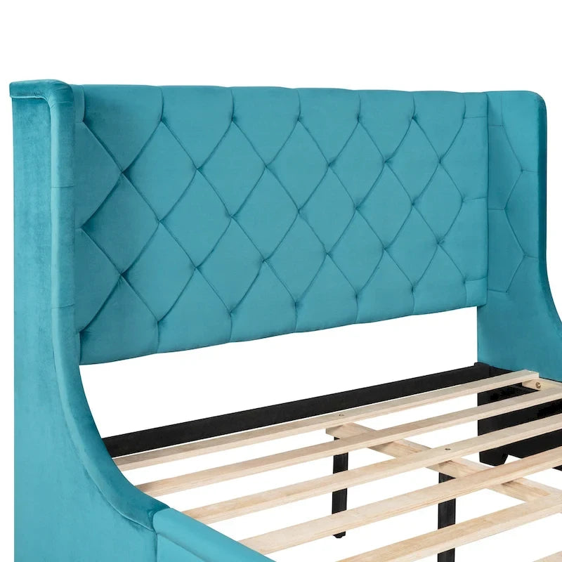 Queen Size Upholstered Platform Bed with Wingback Headboard and a Big Drawer