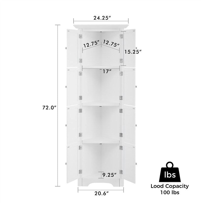 Bathroom Tall Corner Storage Cabinet, Floor Display Storage Cabinet with 8 Doors and 4 Shelves for Bathroom, Living Room