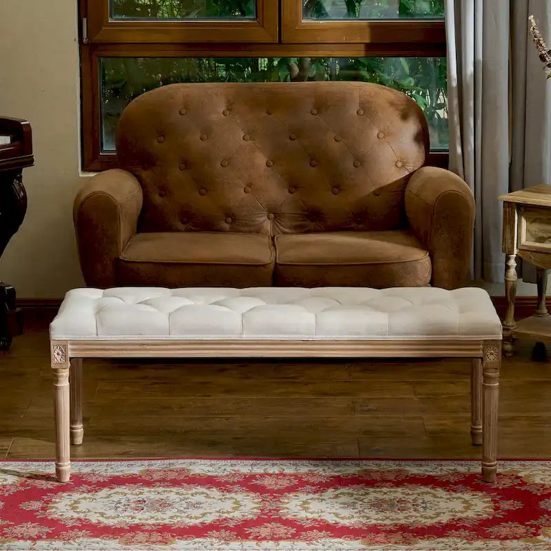 Extra Long French Vintage Upholstered Bench w Carved Wood Frame