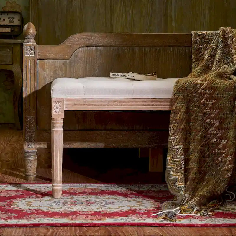 Extra Long French Vintage Upholstered Bench w Carved Wood Frame