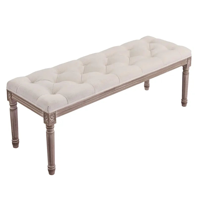 Extra Long French Vintage Upholstered Bench w Carved Wood Frame