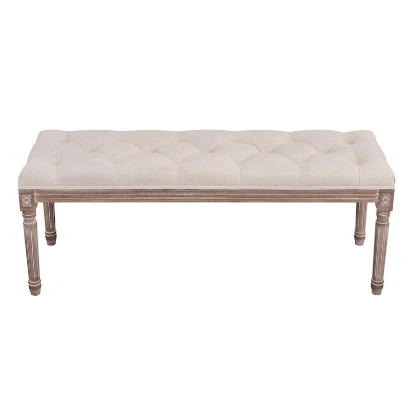 Extra Long French Vintage Upholstered Bench w Carved Wood Frame
