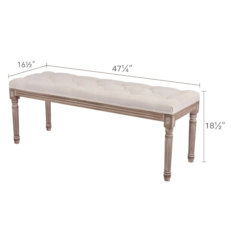 Extra Long French Vintage Upholstered Bench w Carved Wood Frame
