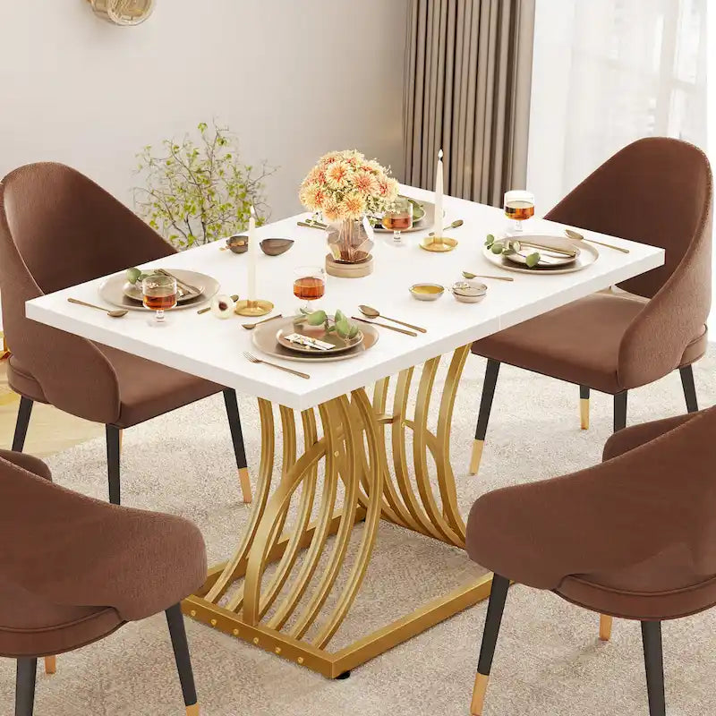 Rectangular Dining Table for 4, White and Gold Kitchen Table Dinner Table