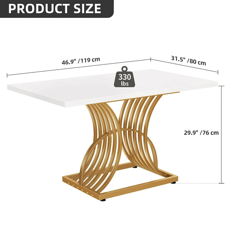 Rectangular Dining Table for 4, White and Gold Kitchen Table Dinner Table