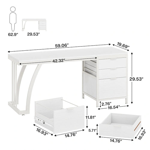 Bureau d'ordinateur/table d'écriture en bois et métal de 150 cm avec 3 tiroirs réversibles