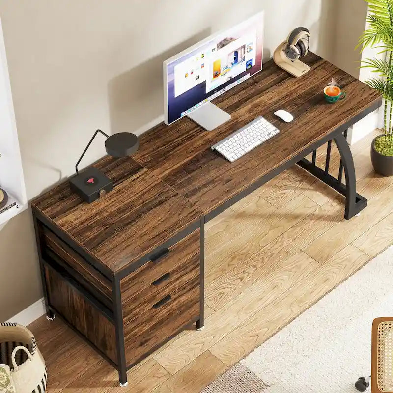 59-inch Wood/ Metal Computer Desk Writing Table with 3 Reversible Drawers