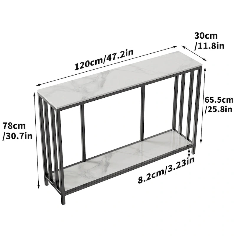 Marble Console Table 2 Tier with Metal Frame Sofa Storage Table - 47.2x11.8x30.7 inch