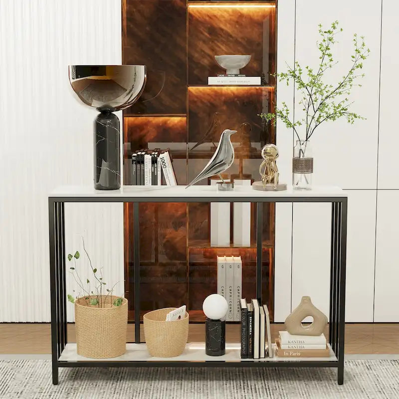 Marble Console Table 2 Tier with Metal Frame Sofa Storage Table - 47.2x11.8x30.7 inch
