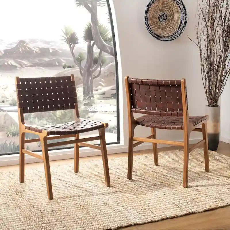 Chaise de salle à manger en cuir tressé - Cognac / Naturel - 20Lx22Px33H