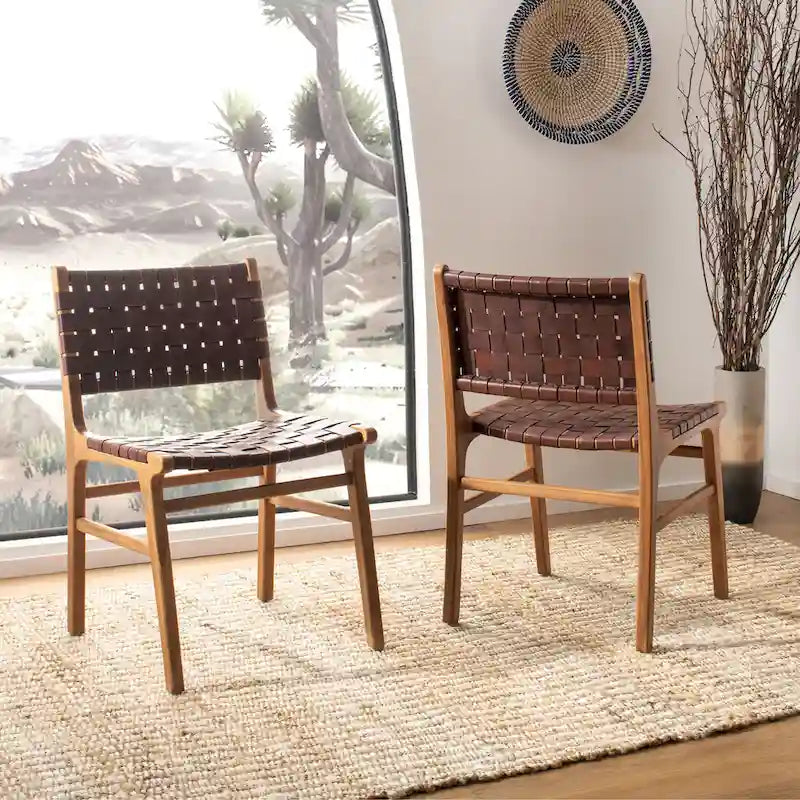 SAFAVIEH Hildred Woven Leather Dining Chair - Cognac / Natural - 20Wx22Dx33H