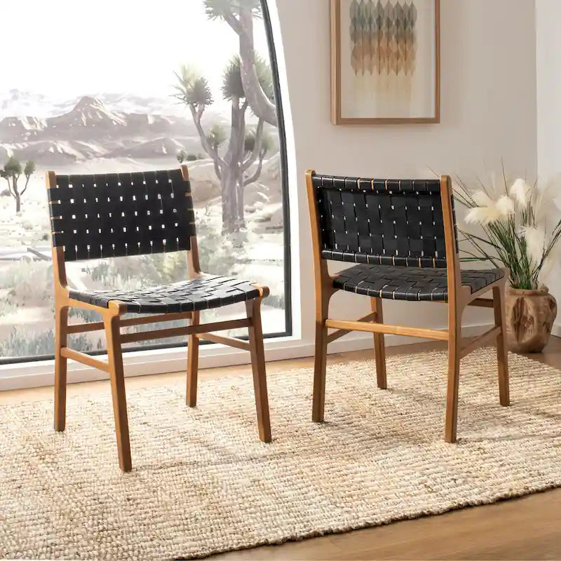 Woven Leather Dining Chair - Cognac / Natural - 20Wx22Dx33H