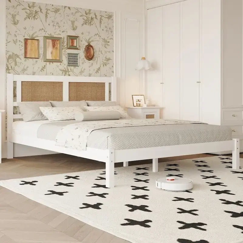 Queen Size Wood Platform Bed with Natural Rattan Headboard,Exquisite Elegance with Minimalist Charm