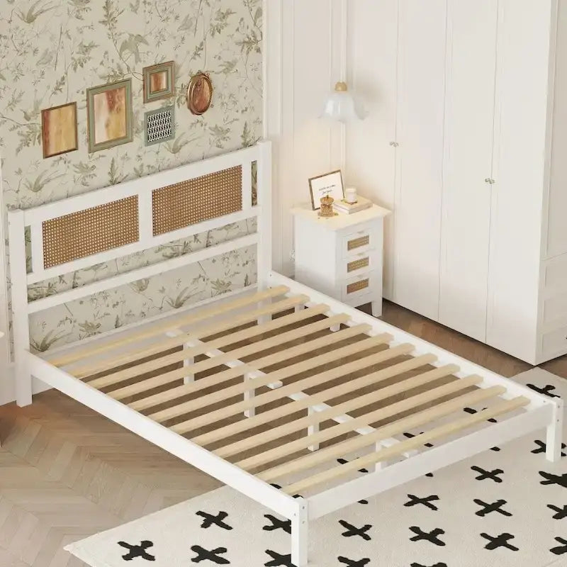 Queen Size Wood Platform Bed with Natural Rattan Headboard,Exquisite Elegance with Minimalist Charm