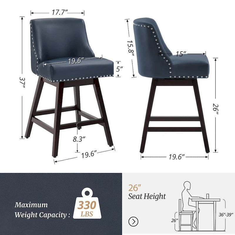 26 in. Counter Height Upholstered Wood Frame Swivel Bar Stool with Farbic Seat Set of 4 - 19.6D x 19.6W x 37H