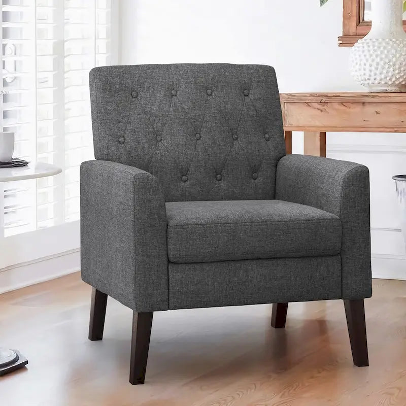 Mid-Century Modern Upholstered Linen Fabric Button Tufted Accent Chair - 28.5 W X 27.25 D X 33.75 H