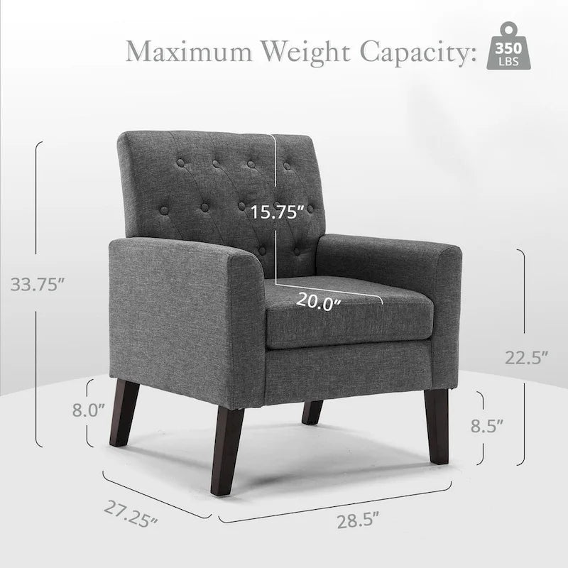 Mid-Century Modern Upholstered Linen Fabric Button Tufted Accent Chair - 28.5 W X 27.25 D X 33.75 H