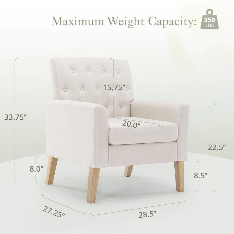 Mid-Century Modern Upholstered Linen Fabric Button Tufted Accent Chair - 28.5 W X 27.25 D X 33.75 H