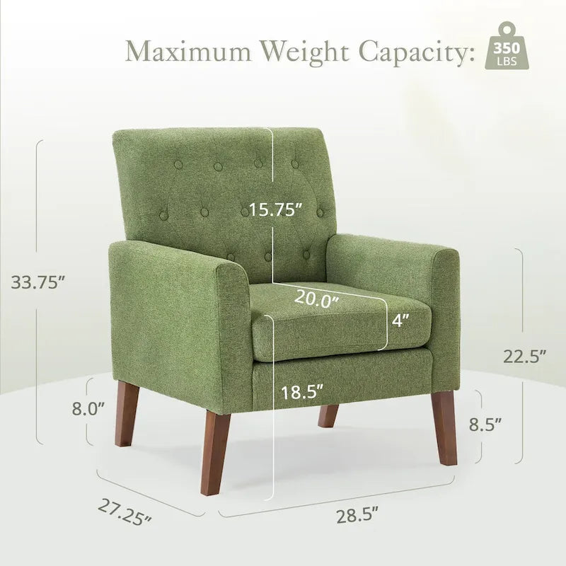 Mid-Century Modern Upholstered Linen Fabric Button Tufted Accent Chair - 28.5 W X 27.25 D X 33.75 H